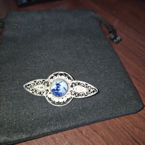 Silver Filigree Brooch with Blue Porcelain Center - Women Jewelry